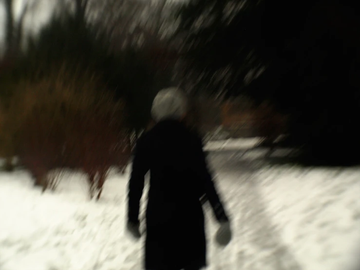 the person is walking down the snowy path