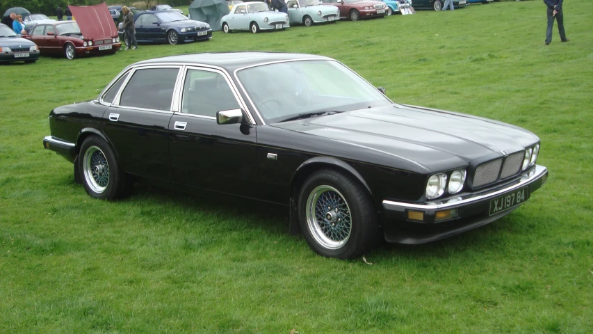 a black car parked on top of a lush green field