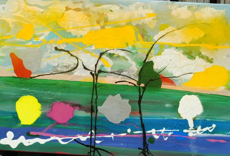 an abstract painting shows tree nches and sunset