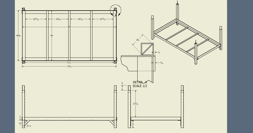 an illustrated drawing showing the measurements and details of a bed frame