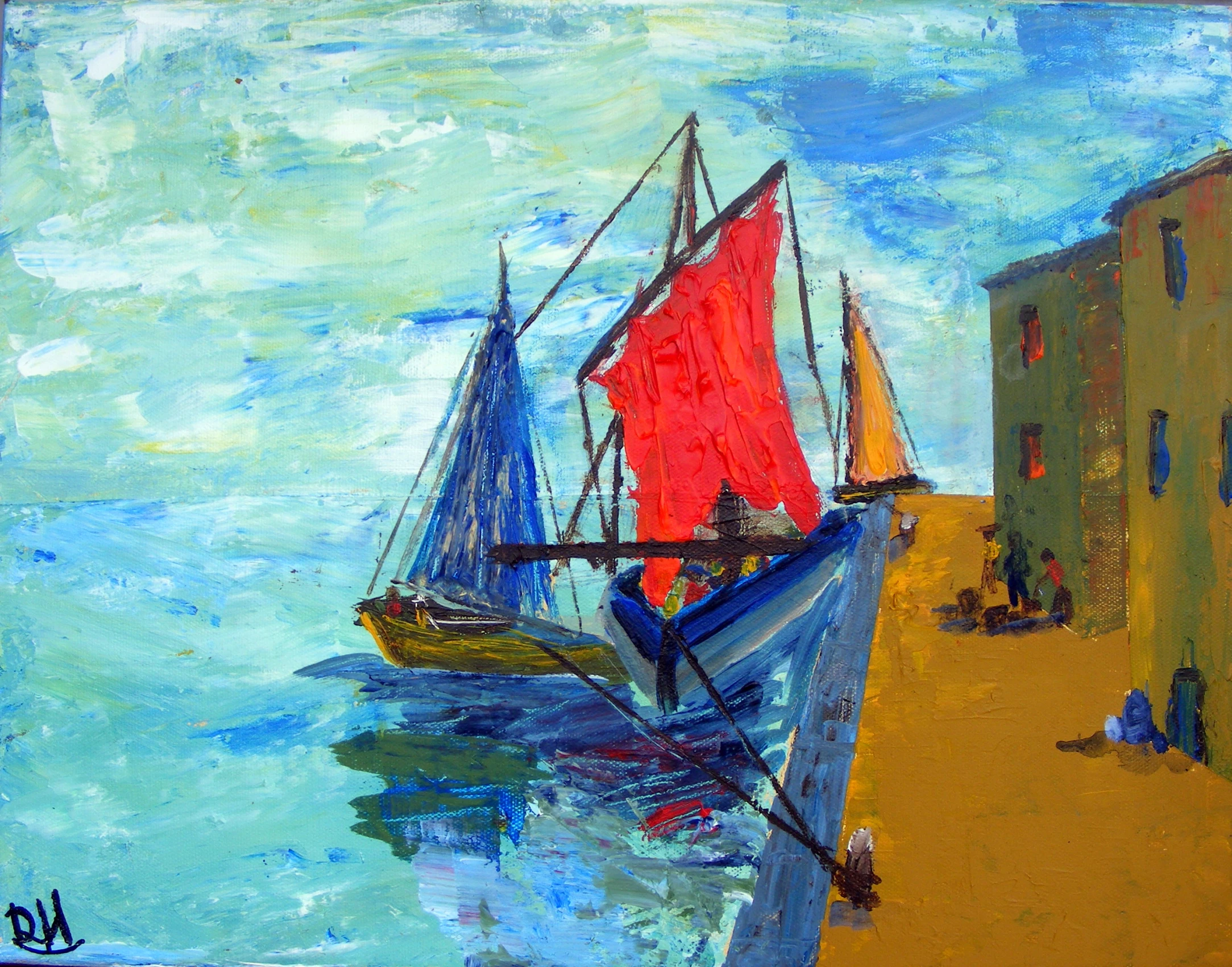 a painting of three sail boats in the water by some buildings