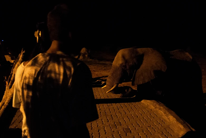 people standing around in the dark with lights on