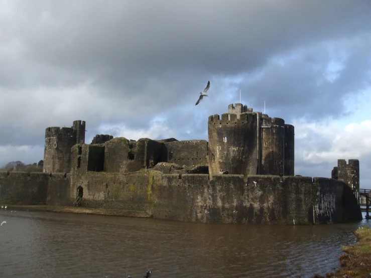 a castle with birds flying over it