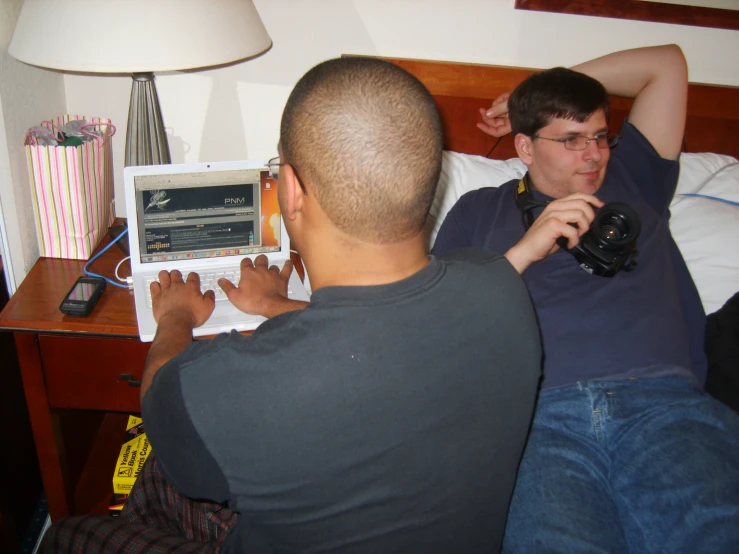 two men using a camera, one sitting on his chest