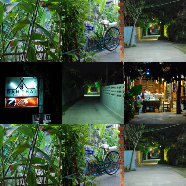 the two pictures show a restaurant entrance, and a bike