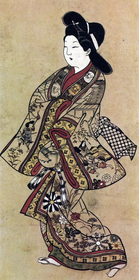 an oriental woman in a kimono walking on a beige background