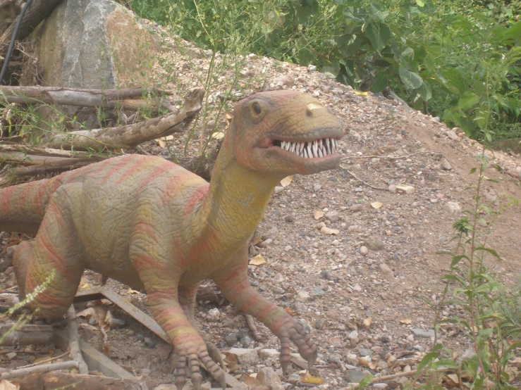 a toy dinosaur sits on a pile of rocks