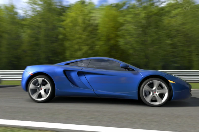 a very blue sports car going down a curve