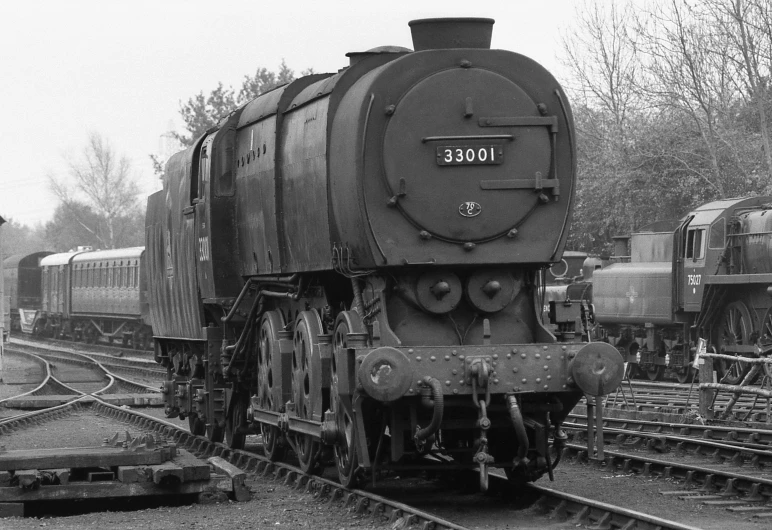 a train on some rails near trees and water