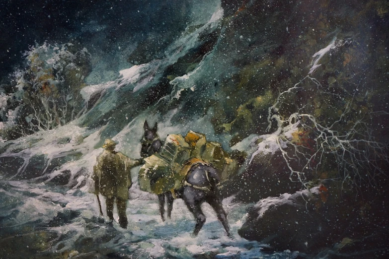 an old painting shows three people in horse outfits on the road