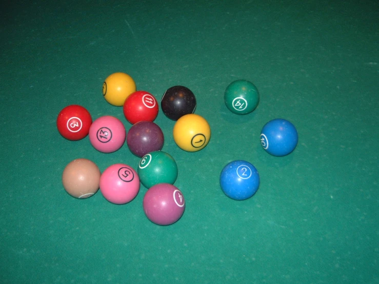 a group of eight ball pool balls, one number three and six all different colors