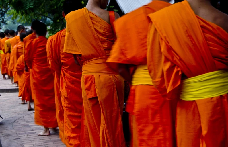 a group of monks in orange robes walking in line