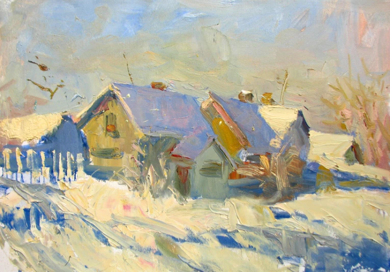 the painting depicts houses in snowy field, with blue roofs and picket fence