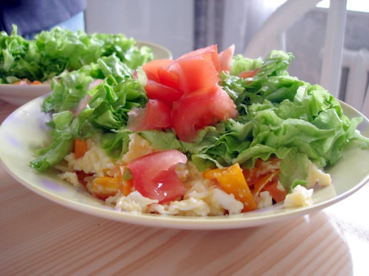 a salad is on a plate with lettuce and tomatoes