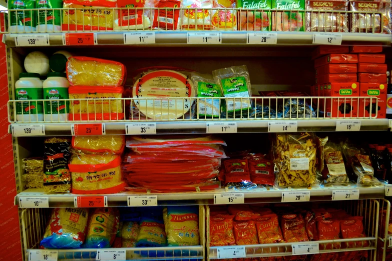 a store shelf full of groceries and snacks