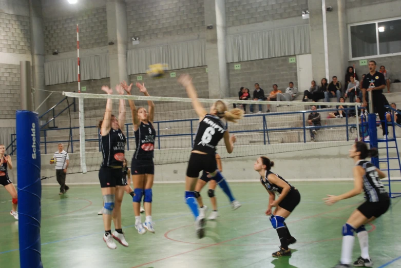 a volley ball game with players and spectators