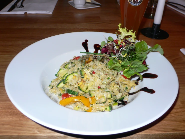 a plate of food sits on a table