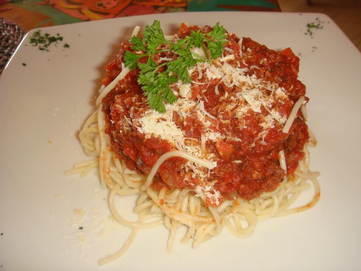 a white plate topped with spaghetti and sauce