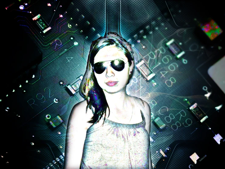 girl in a virtual space with electronic objects around her