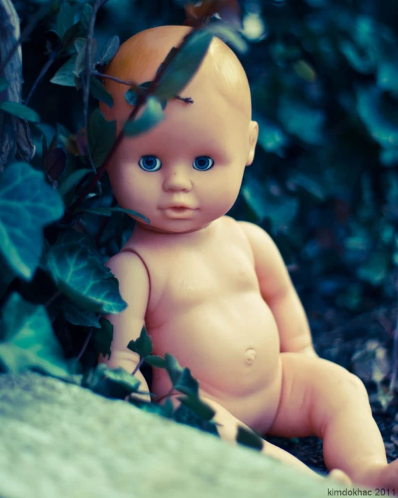 a close - up of a , baby doll sitting in the bushes