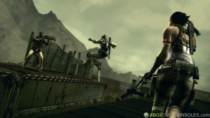 a video game scene shows two people with guns