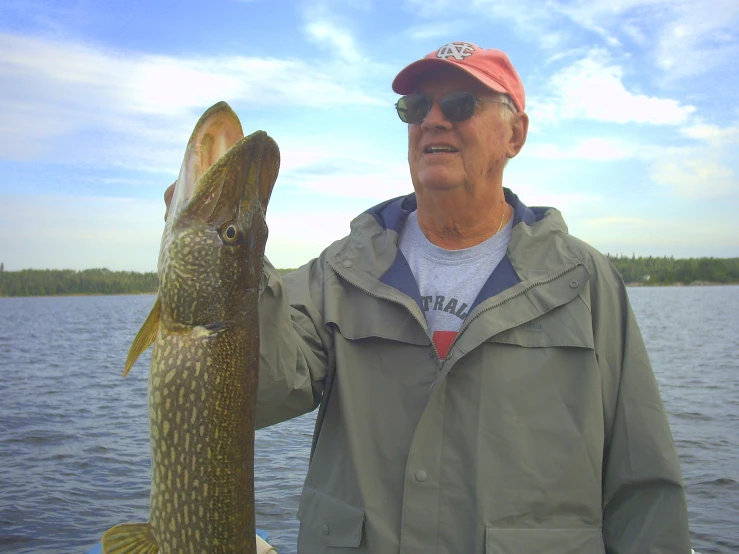 an old man wearing a red cap holds up a fish