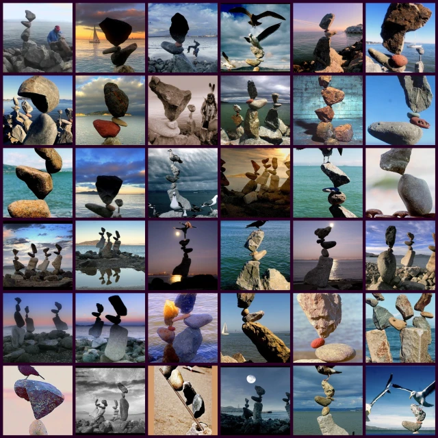 a collage of different sculptures with a sky background