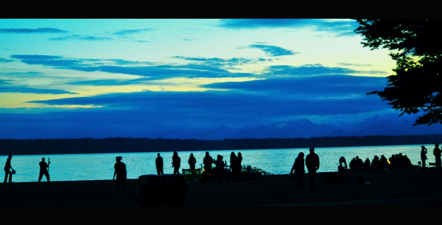 many people stand around and look out at the water