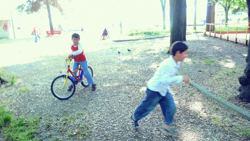 two children on bicycles are playing in the park