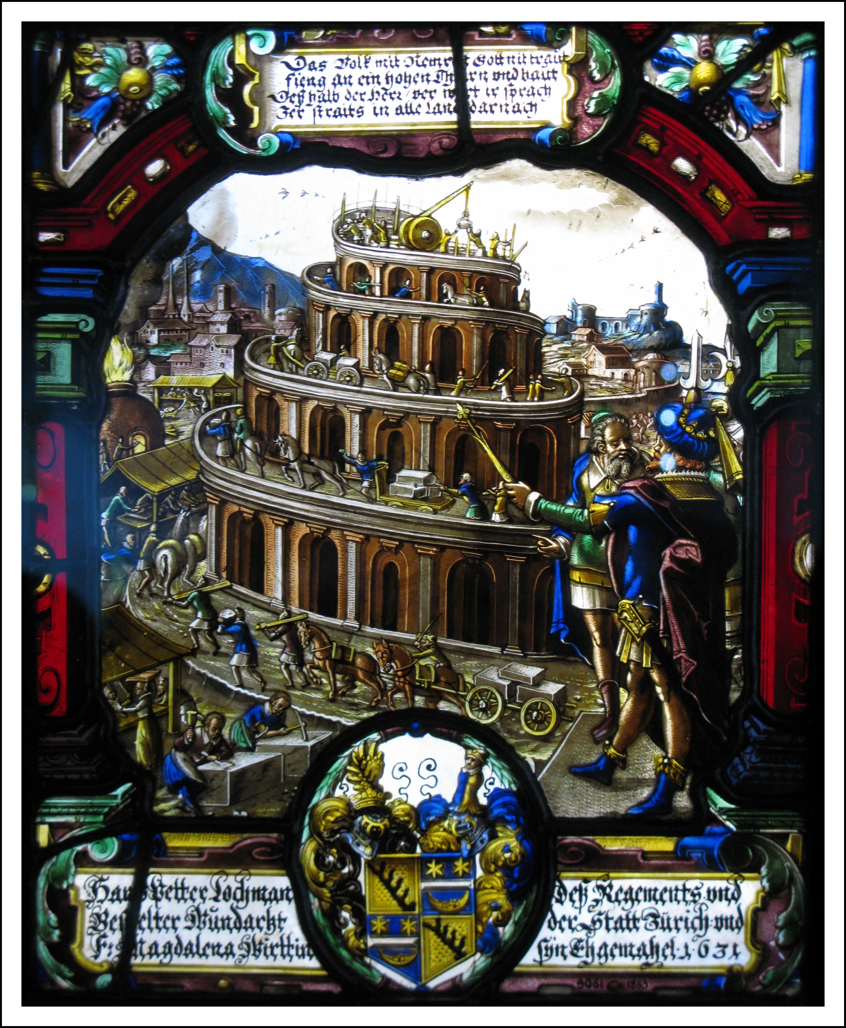 stained glass window of an ancient mechanical instrument