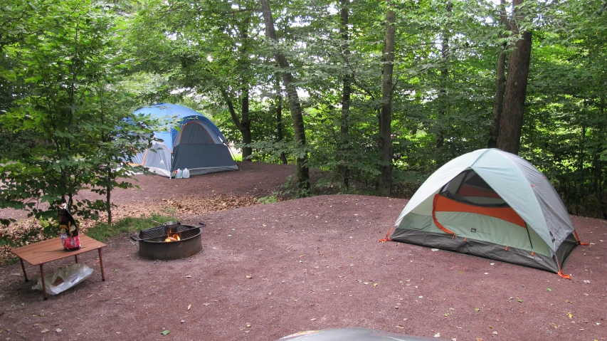 two tents pitched up by a fire in a wooded area