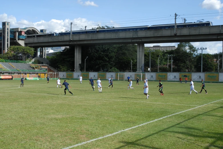 a large group of people standing on top of a soccer field