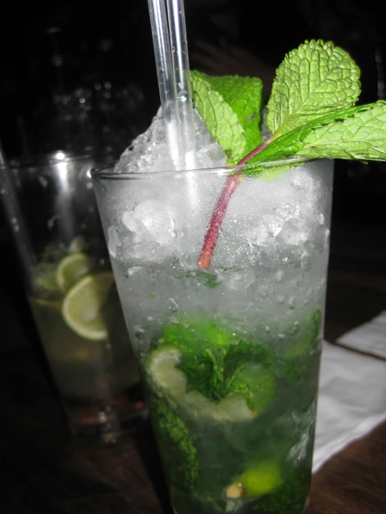 a drink in a tall glass with some mint