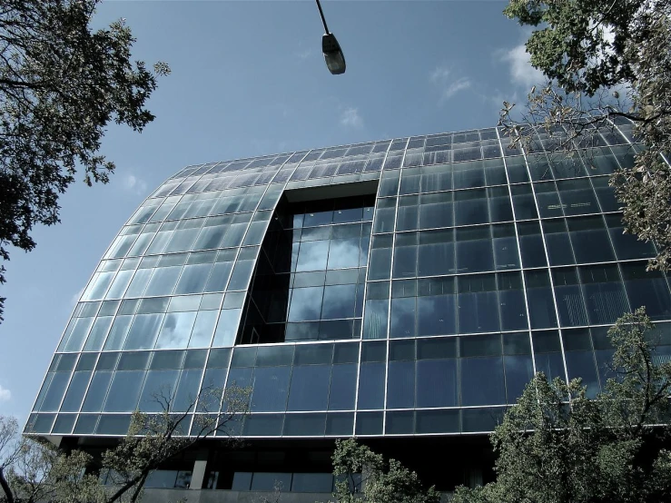 a tall building with a sky background and a tree