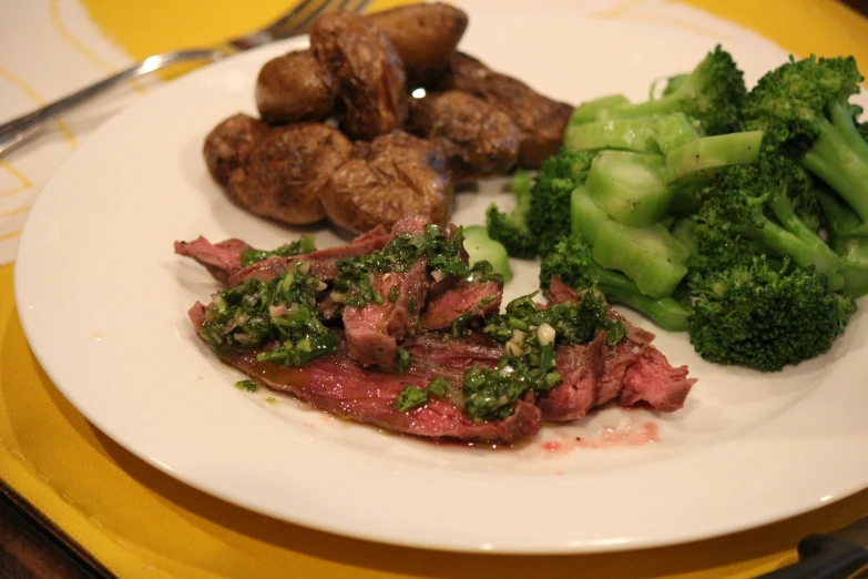 a plate with meat and broccoli on it