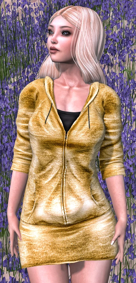 a woman is dressed in gold in front of purple flowers