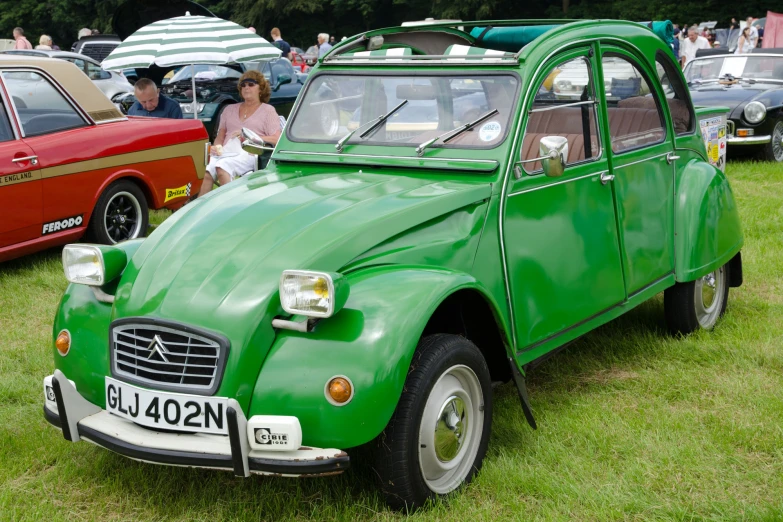 a green car sitting in the middle of a field