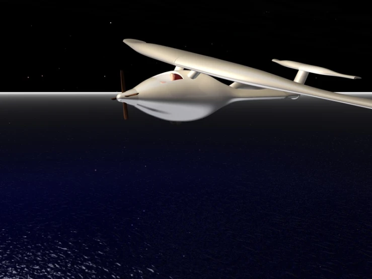 a 3d image of a flying plane over the ocean