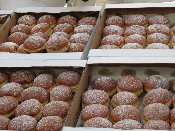 powdered donuts are displayed for sale in boxes