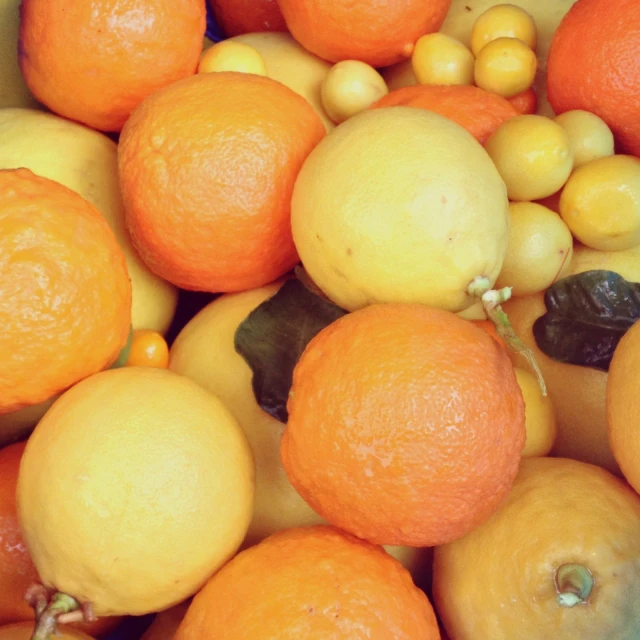 yellow lemons, oranges and blueberries in a bowl