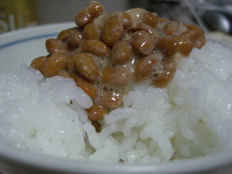 some white rice topped with a small amount of beans
