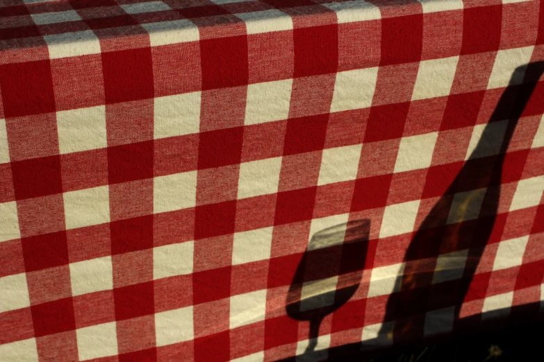 a red and white table cloth is on the floor