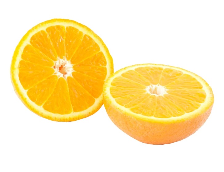 a whole and sliced oranges sitting side by side