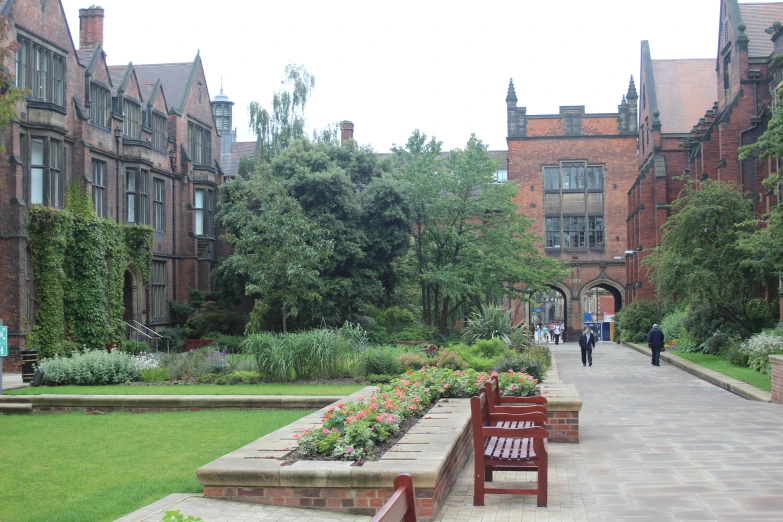 a park filled with a lot of wooden benches and lush green grass