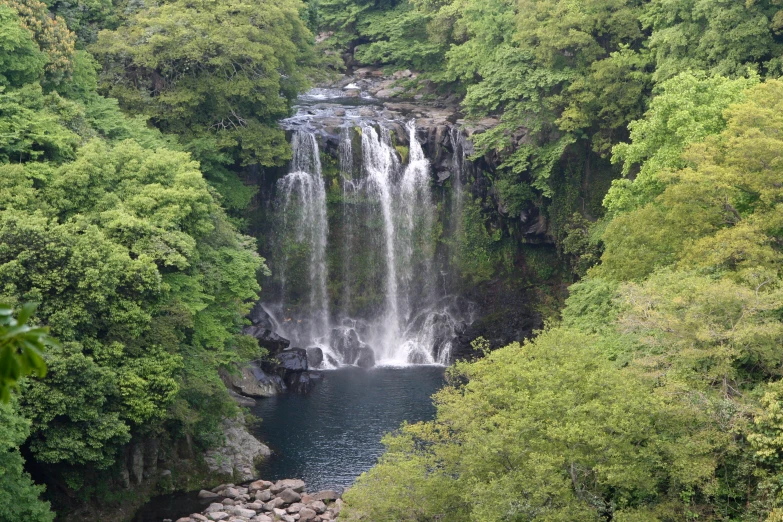 several waterfalls surrounded by trees and rocks