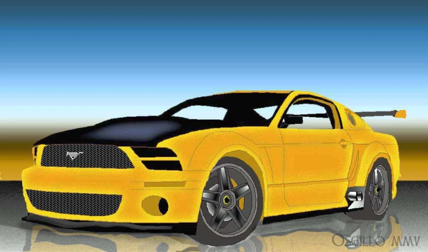 a yellow mustang car in a graphic drawing style