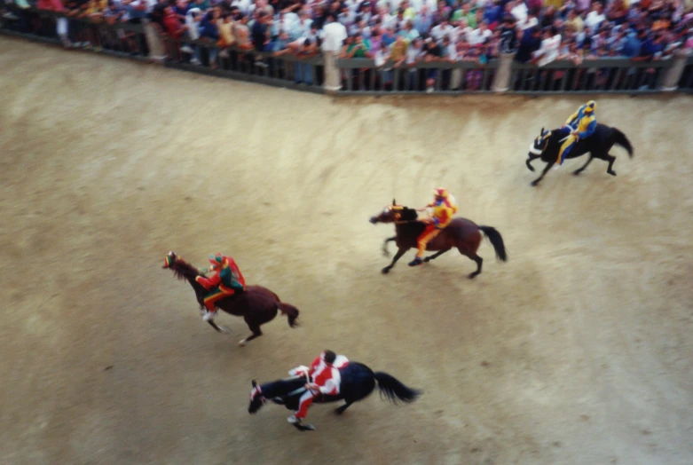 an aerial po of horses on dirt arena