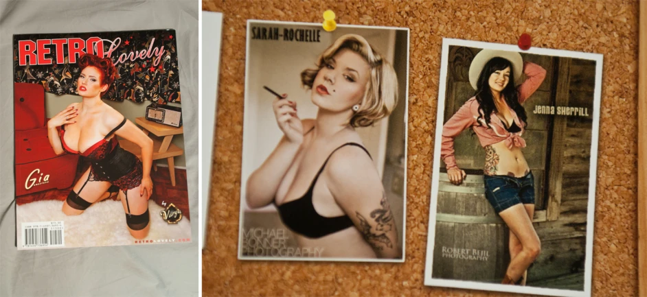 some magazine covers are on the wall near a corkboard