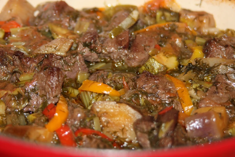 a stew with meat and peppers in a red bowl