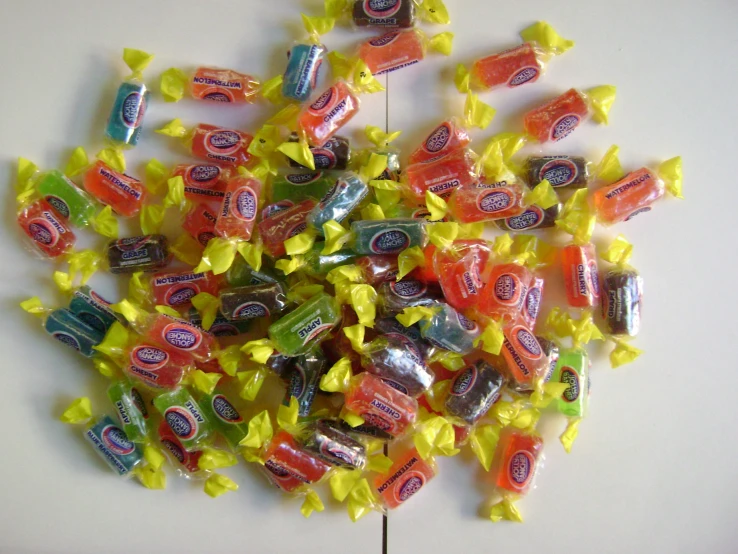 a pile of candy sits on a table